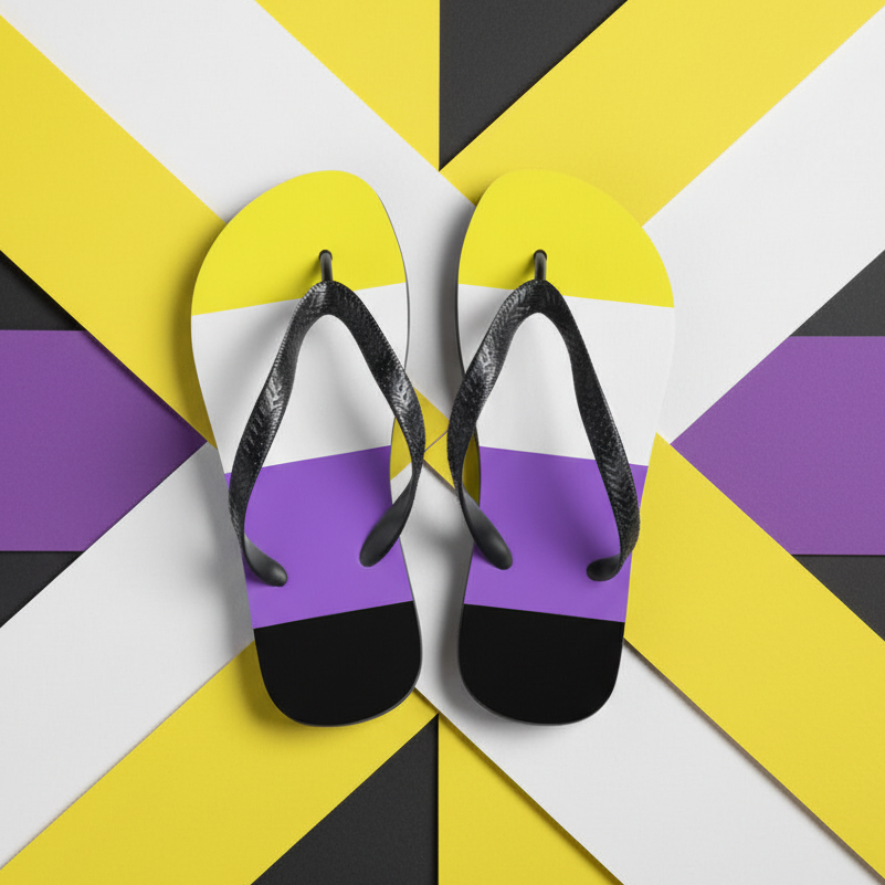 Non-Binary Pride flip-flops in yellow, white, purple, and black rep the flag on a bold geometric background. Queer summer staple vibes.