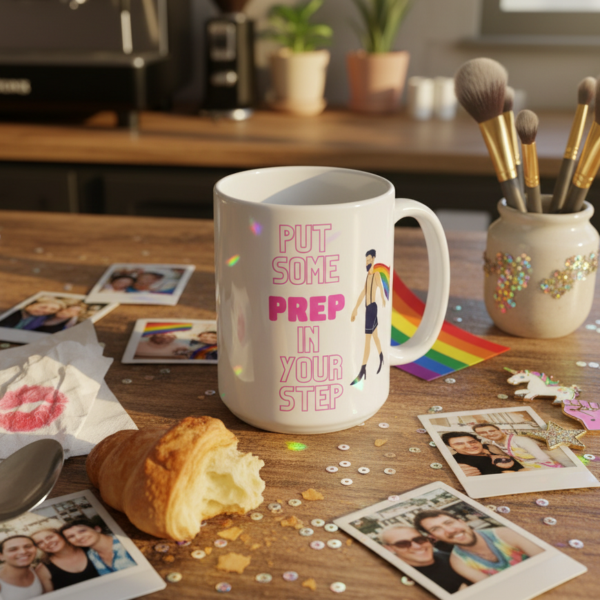 White mug reading “PUT SOME PREP IN YOUR STEP” beside a rainbow Pride flag