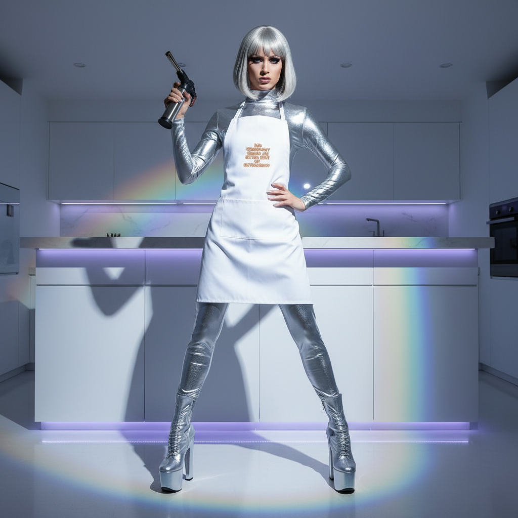 Person in a metallic-silver outfit and apron titled Extra Side Of Extraness Embroidered Apron, holding a culinary torch in a futuristic kitchen. The apron radiates queer pride and playful self-expression.