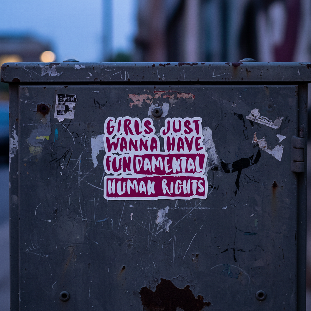 “Girls Just Wanna Have Fundamental Human Rights” sticker on a weathered metal box