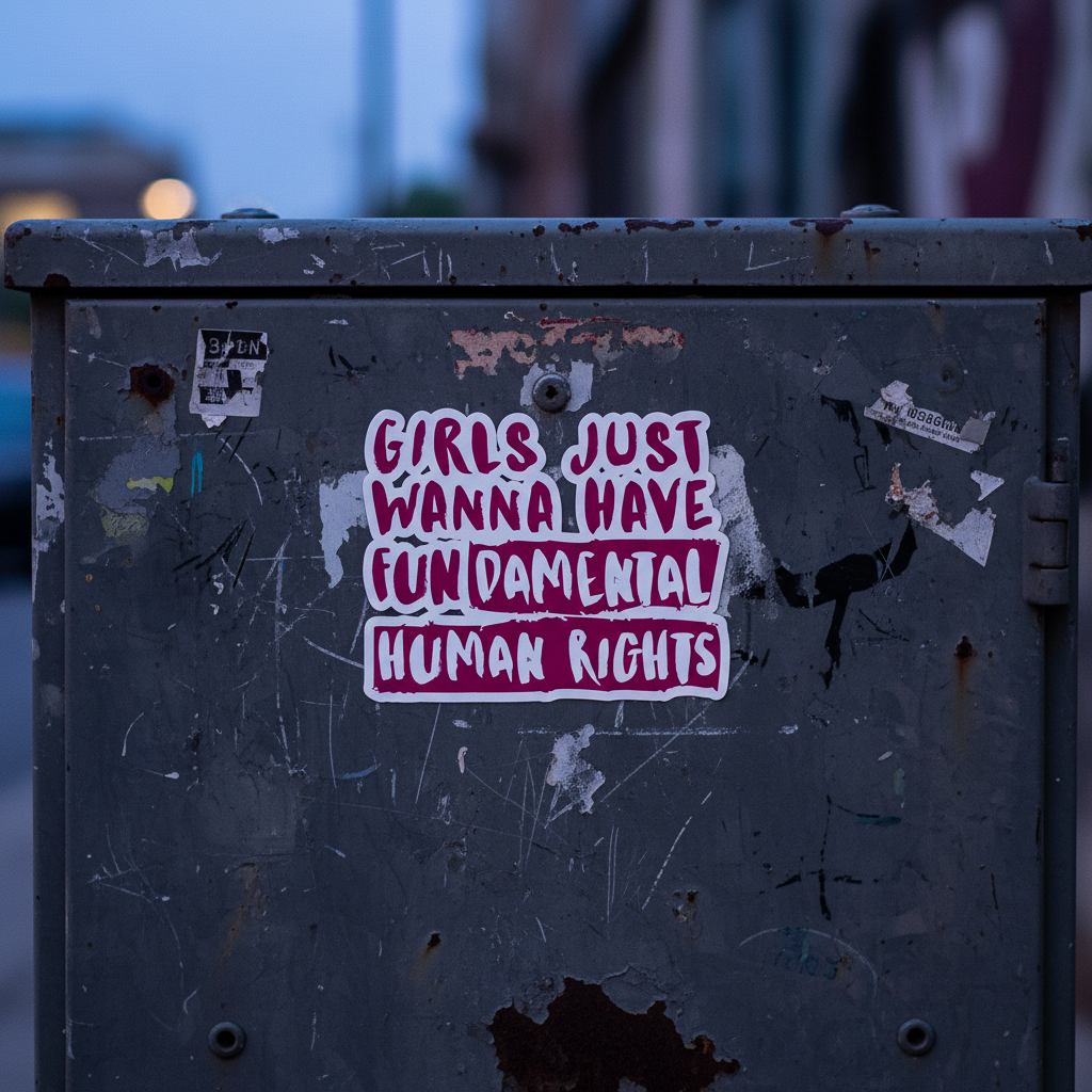 “Girls Just Wanna Have Fundamental Human Rights” sticker on a weathered metal box