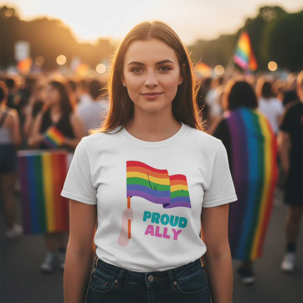 Unisex Proud Ally T-Shirt with rainbow flag and "Proud Ally" slogan, worn by a woman at sunset in a queer pride crowd.