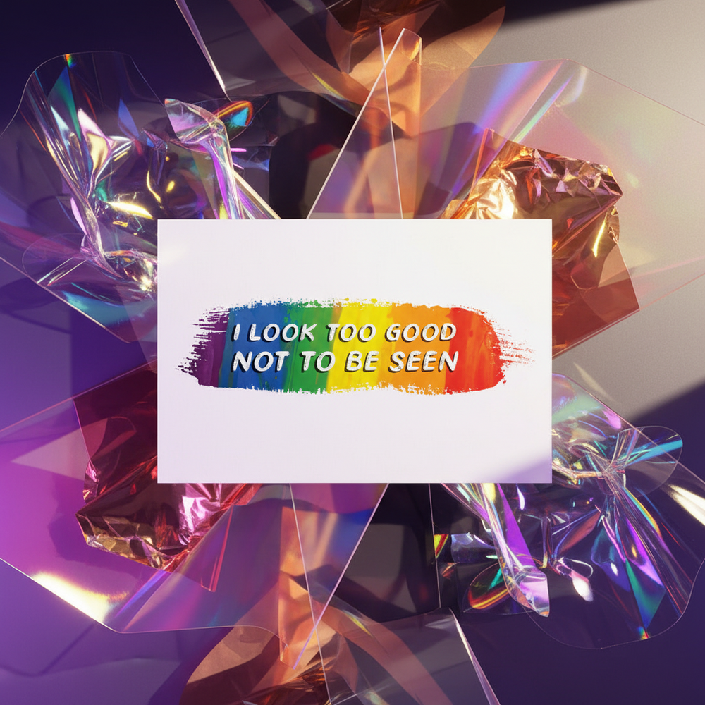 Postcard reading “I LOOK TOO GOOD NOT TO BE SEEN” over a rainbow paint stroke