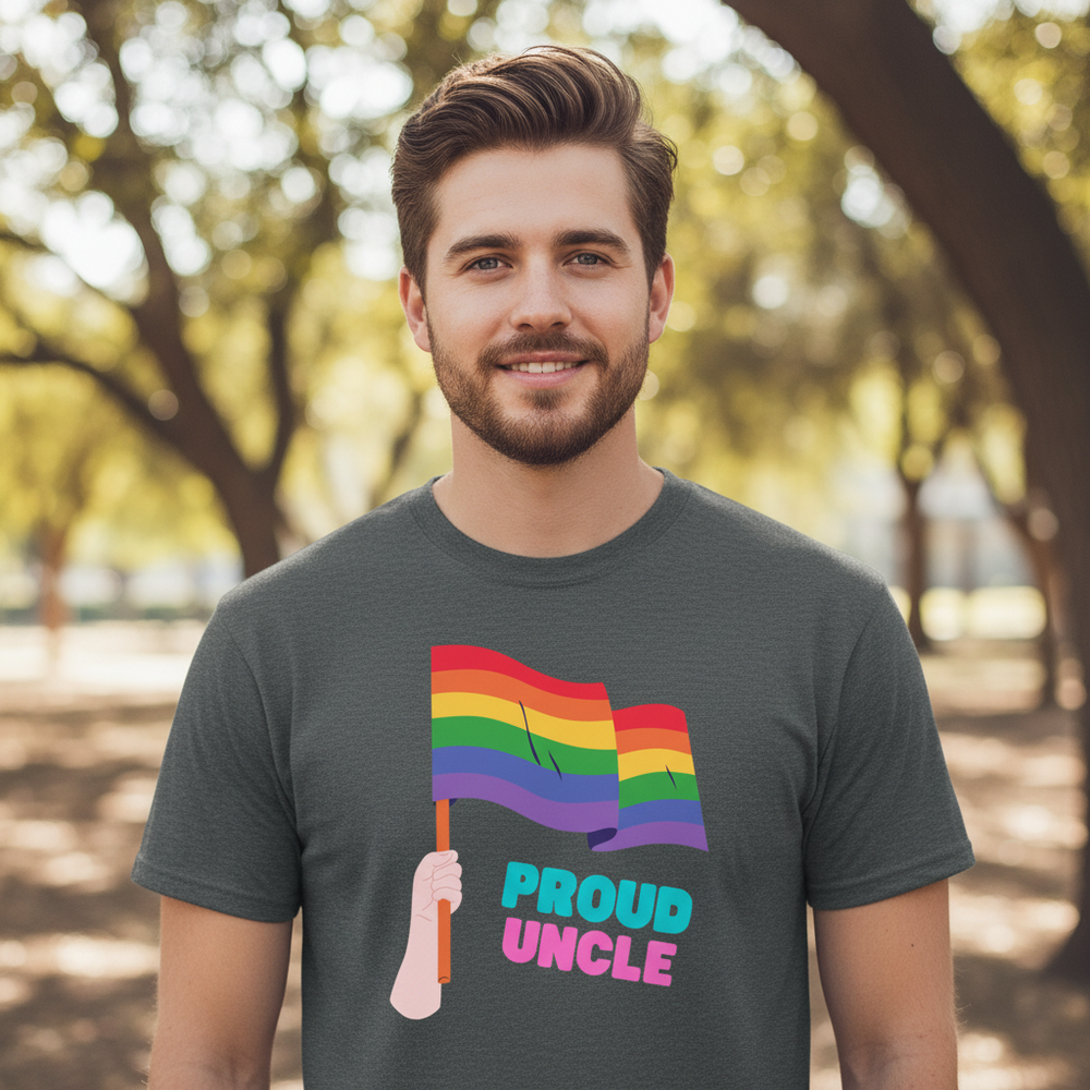 Proud Uncle T-shirt with bold "PROUD UNCLE" and hand holding rainbow flag, worn by smiling guy outdoors; sunlit trees behind.
