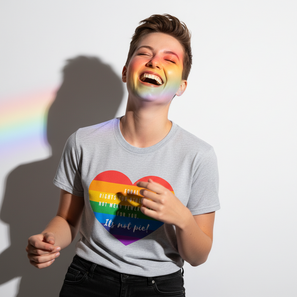 Person wearing a gray T-shirt with a rainbow heart and “It’s not pie!” slogan