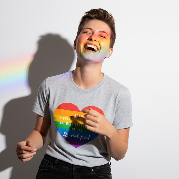 Person wearing a gray T-shirt with a rainbow heart and “It’s not pie!” slogan