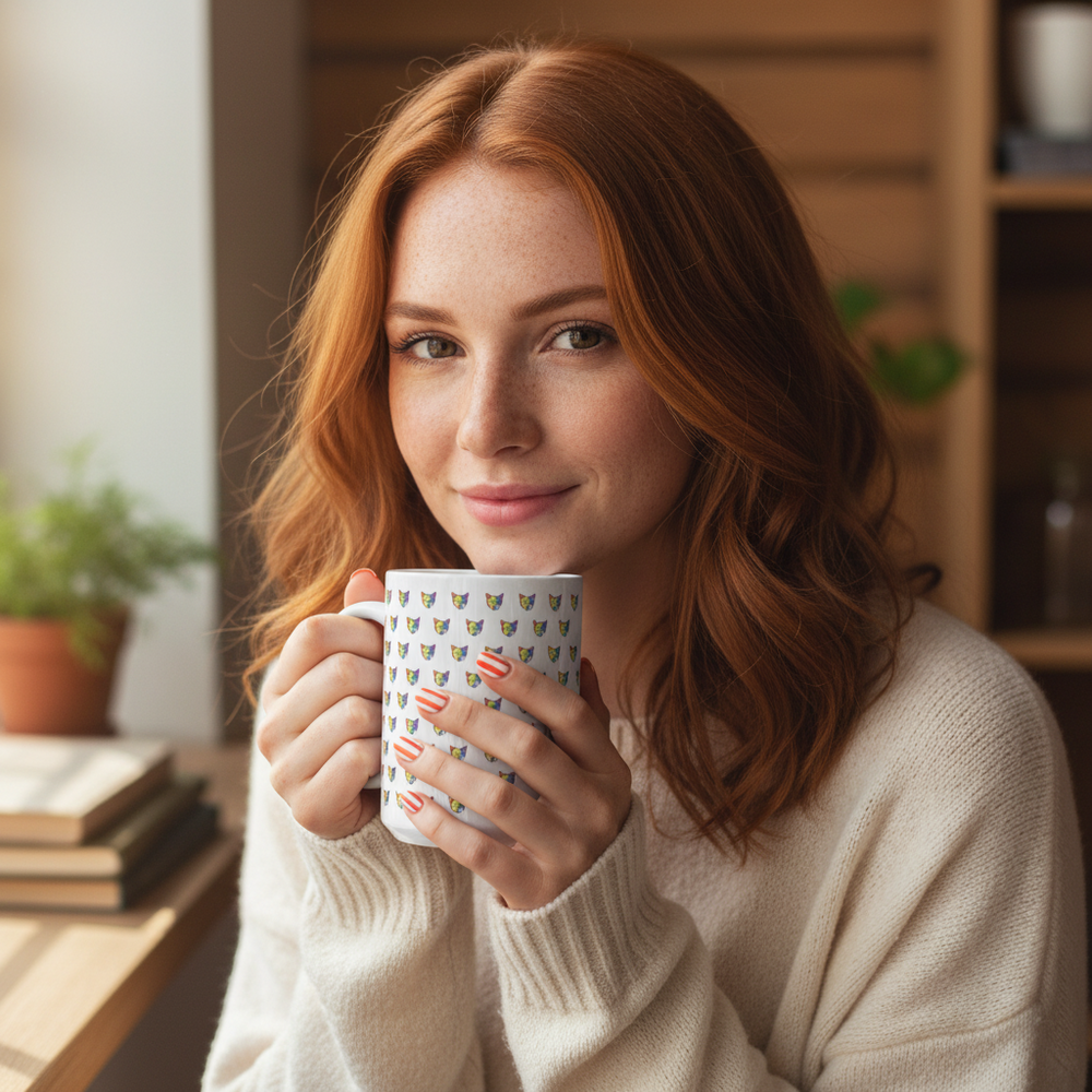 White rainbow fox mug held by a person in a warmly lit room