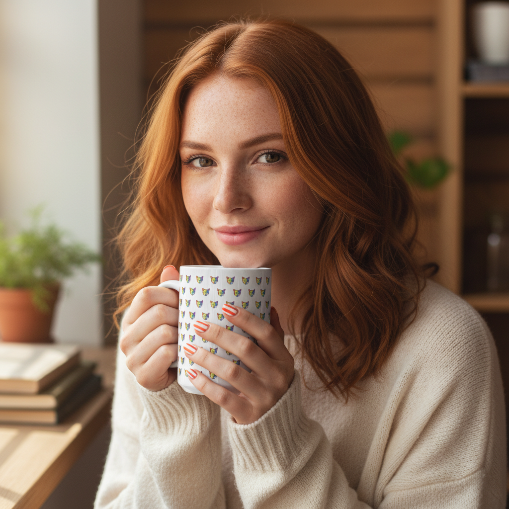 A young woman with red hair holds a Rainbow Fox Mug, embellished with tiny cat faces, embodying queer pride. She sits by a window, exuding warmth and joy, reflecting LGBTQIA+ empowerment.