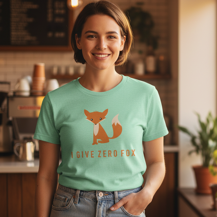 Mint green cotton “I Give Zero Fox” T-shirt with cartoon fox, worn by a queer woman in a cozy café with warm, inviting vibes.