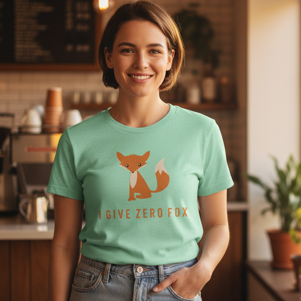 Mint green cotton “I Give Zero Fox” T-shirt with cartoon fox, worn by a queer woman in a cozy café with warm, inviting vibes.