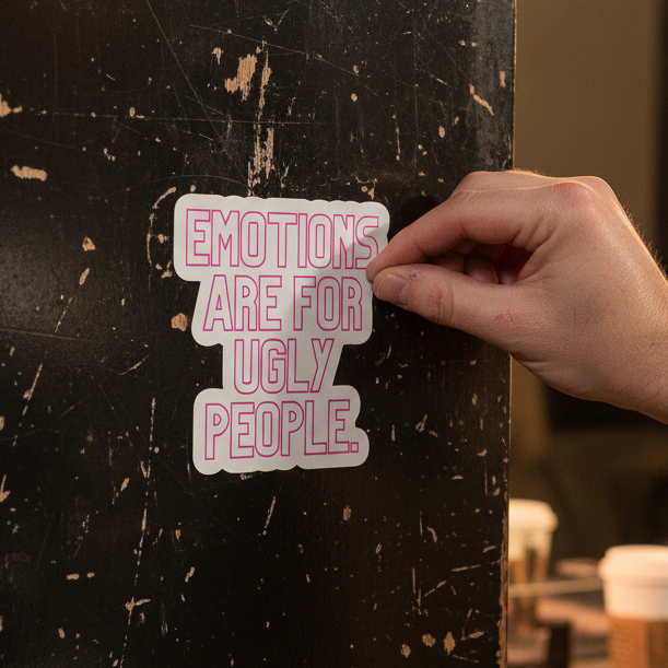Hand holding a white sticker reading “EMOTIONS ARE FOR UGLY PEOPLE” in pink lettering