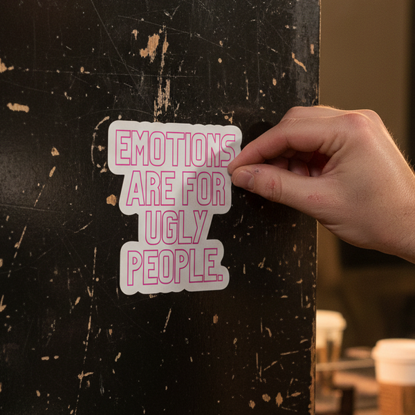Hand holding a white sticker reading “EMOTIONS ARE FOR UGLY PEOPLE” in pink lettering