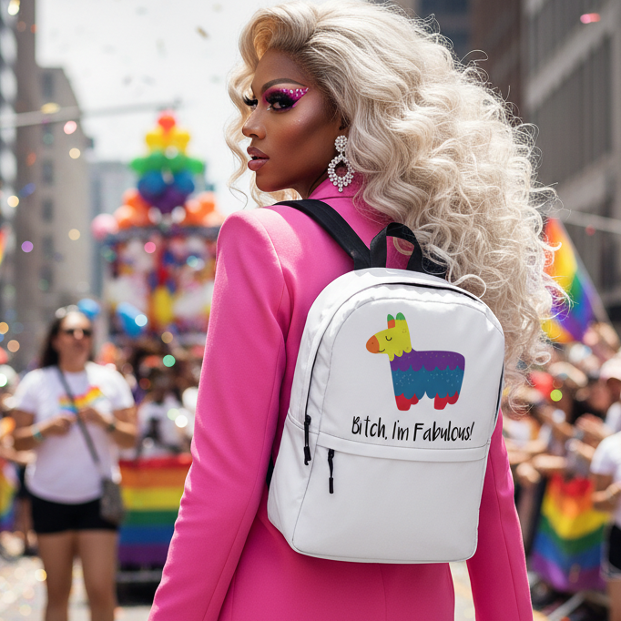 Medium "Bitch I'm Fabulous!" backpack with rainbow cartoon llama and bold slogan, worn at a pride parade with queer flair.