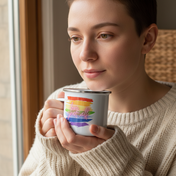 White enamel mug with rainbow brushstrokes and “love yourself” lettering, held by a person