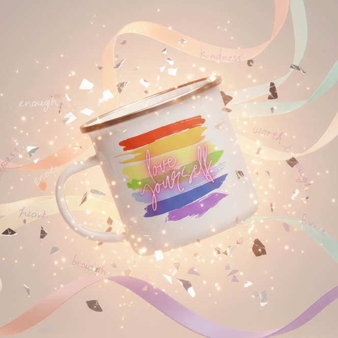 Love Yourself! Enamel Mug with rainbow stripes and 'love yourself' script, adorned with metallic confetti and pastel ribbons featuring uplifting words. A sturdy, prideful accessory celebrating LGBTQIA+ empowerment and self-love.