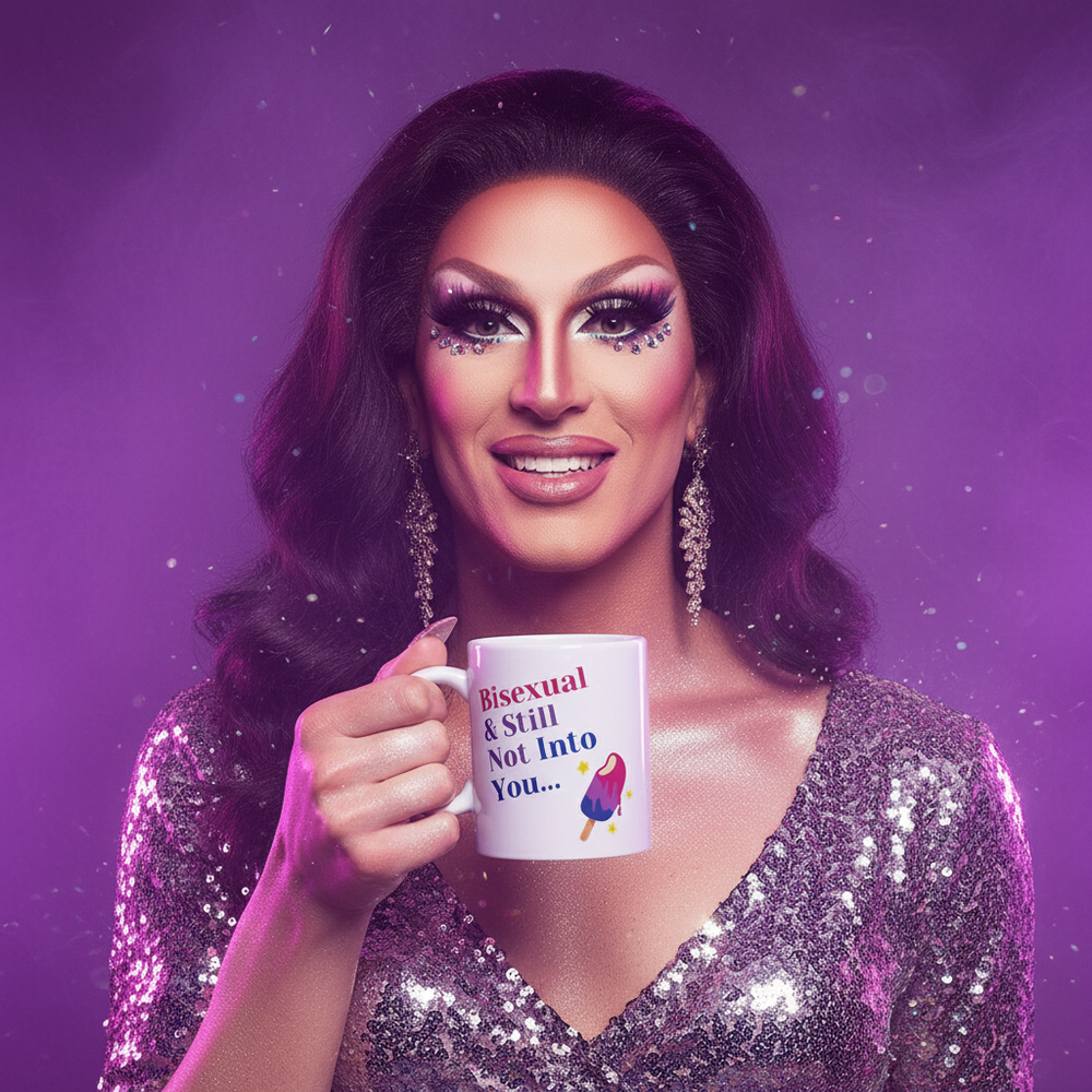 Drag performer holding a mug reading “Bisexual & Still Not Into You…”