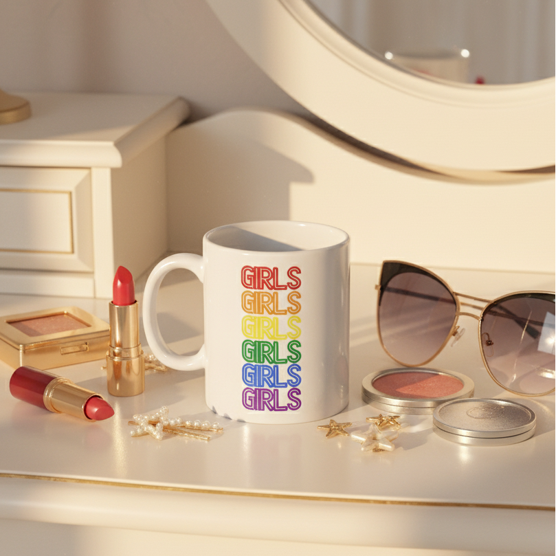White mug with stacked rainbow “GIRLS” lettering beside makeup and jewelry