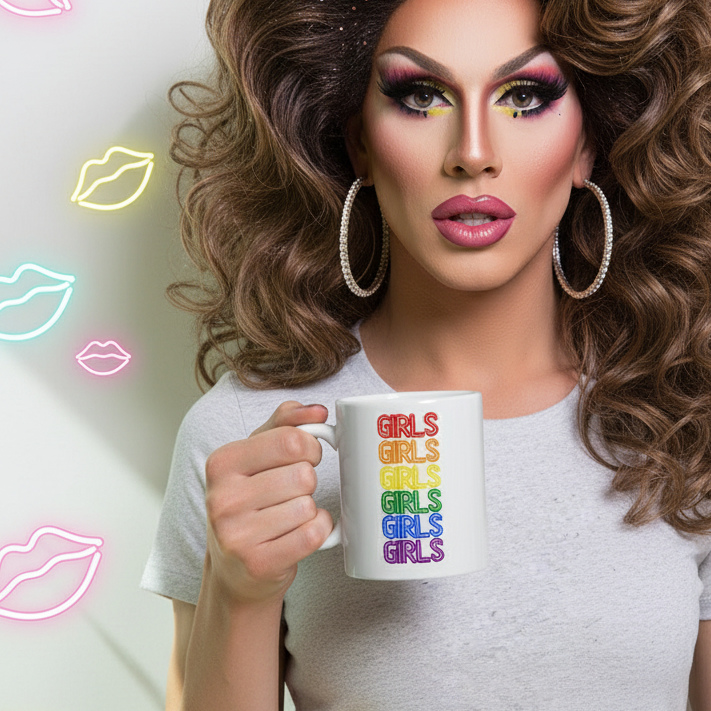 A person in dynamic drag style holds the Girls Girls Girls Mug, featuring rainbow text. Perfect for expressing pride, this sturdy, glossy mug brightens any coffee or tea moment with bold, queer energy.