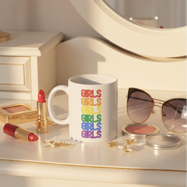 White ceramic Girls Girls Girls mug with rainbow-gradient lettering, surrounded by lipsticks, blush, sunglasses, and star clips, embodying bold LGBTQIA+ pride and empowerment. Perfect for vibrant, everyday self-expression.