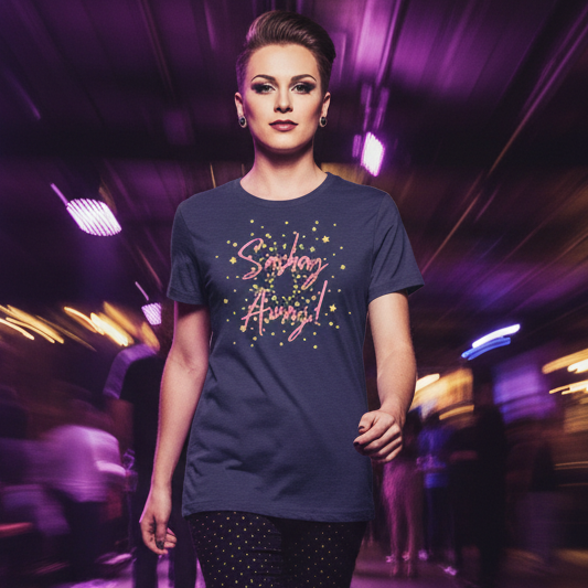 Unisex "Sashay Away" T-Shirt with bold, bright lettering and yellow stars; queer vibe in a purple-lit indoor scene.