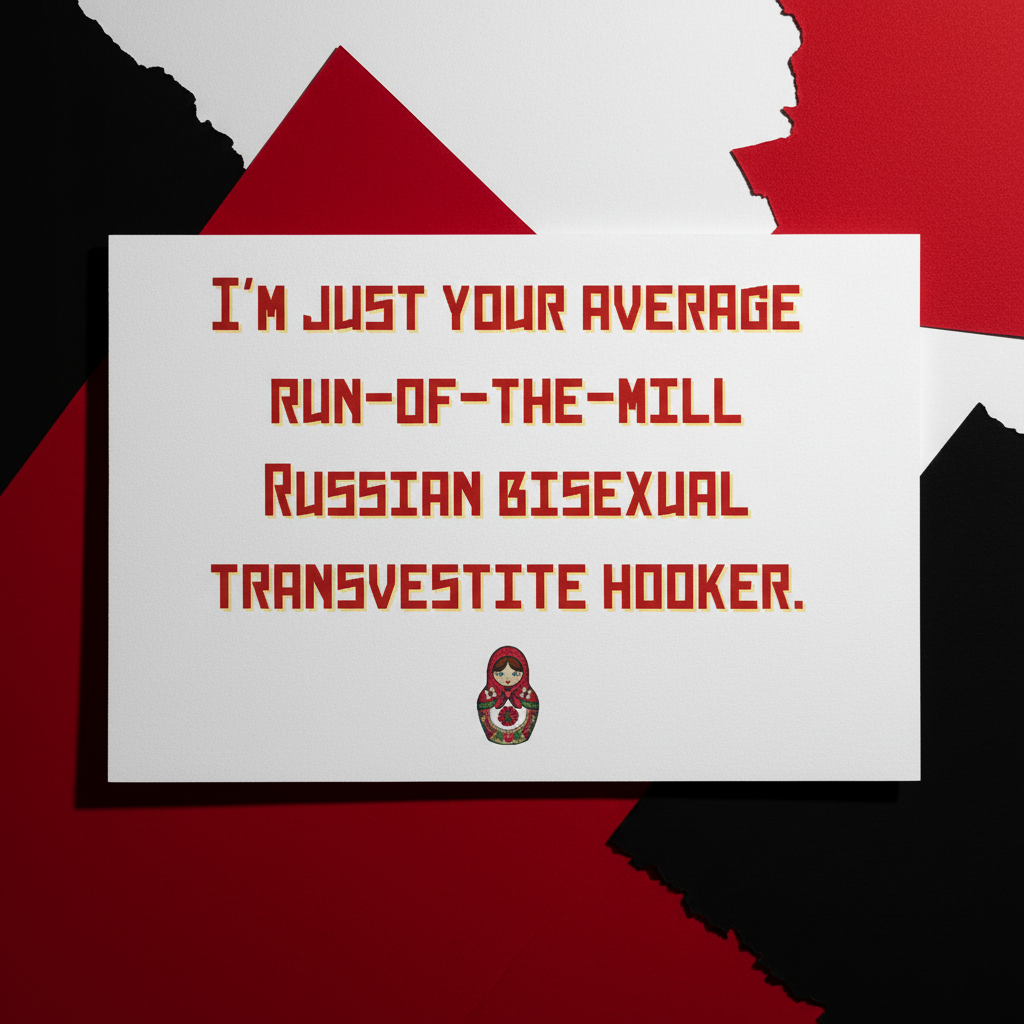 Postcard with bold red block text on white: “I’m just your average run-of-the-mill Russian bisexual transvestite hooker” above a small matryoshka doll, set on layered red, black, and white paper.