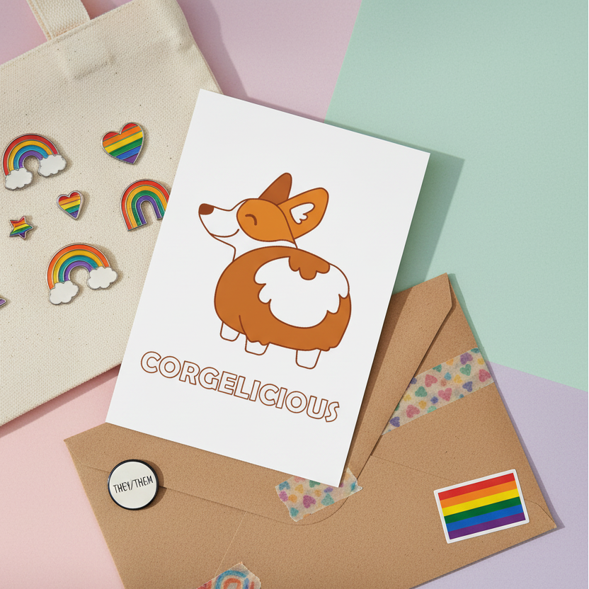 Corgi postcard reading “CORGELICIOUS,” styled with rainbow pins and a Pride sticker