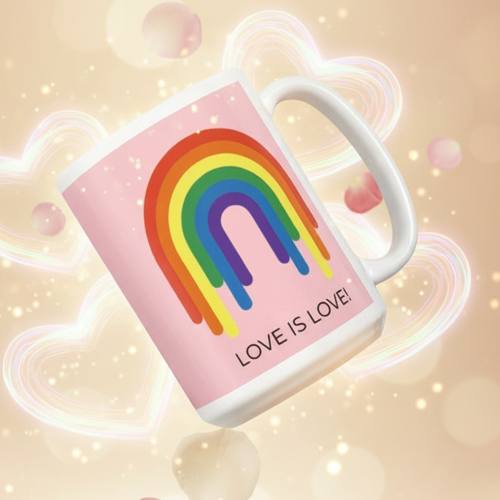 Pink mug with rainbow arches and “LOVE IS LOVE!” text, shown at an angle