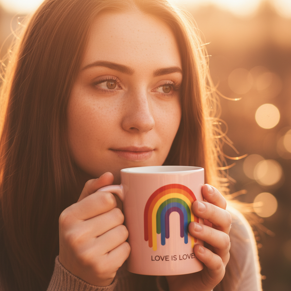 Young woman sips from the Love Is Love Mug, featuring a dripping-rainbow graphic. This sturdy, glossy ceramic mug embodies LGBTQIA+ pride and self-expression, perfect for showcasing identity and empowerment.