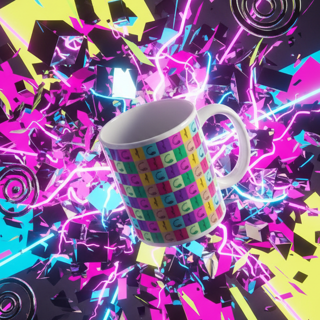 Pop art mug with colorful checkerboard print and repeated abstract symbols