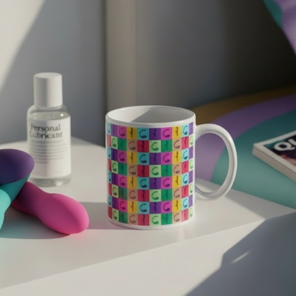 Vibrator Pop Art Mug with a vibrant checkerboard pattern featuring stylized C letters, symbolizing LGBTQIA+ pride. Set beside intimate items, it embodies confident, joyful queer self-expression and empowerment.