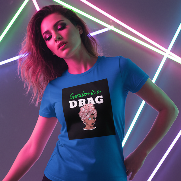Gender Is A Drag T-Shirt in soft cotton, featuring a cartoon drag queen and 