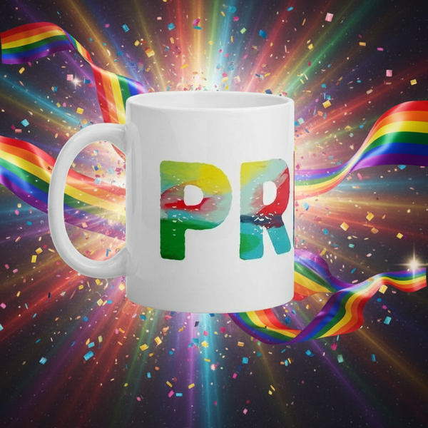 Pride Mug featuring bold P and R letters with a rainbow gradient, surrounded by festive ribbons and confetti. A vibrant, dishwasher-safe ceramic mug celebrating LGBTQIA+ pride and self-expression.