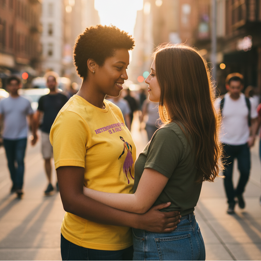 T-shirt reading "Heteronormativity Is A Cult" worn by a queer woman hugging her partner on a sunset-lit city street.