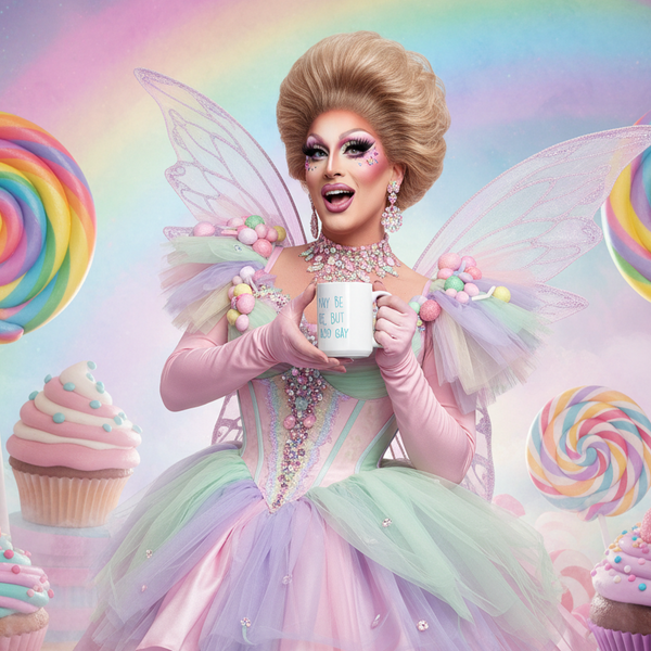 Drag performer in a pastel tutu ballgown, fairy wings, holding a Cute But Gay mug. Surrounded by giant sweets, they embody vibrant queer pride in a whimsical candy-themed setting.