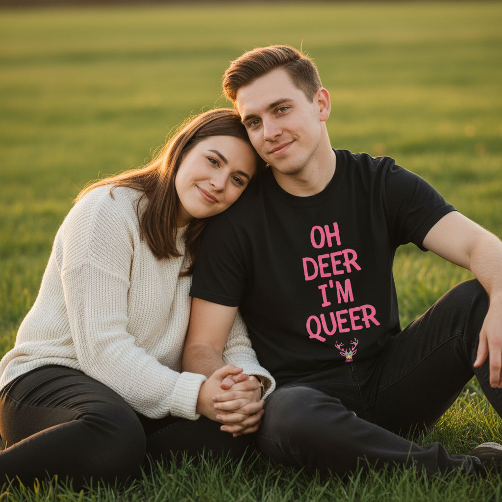 A queer couple lounges on grass; the man sports an "Oh Deer I'm Queer" T-shirt, holding hands with his partner in golden light.