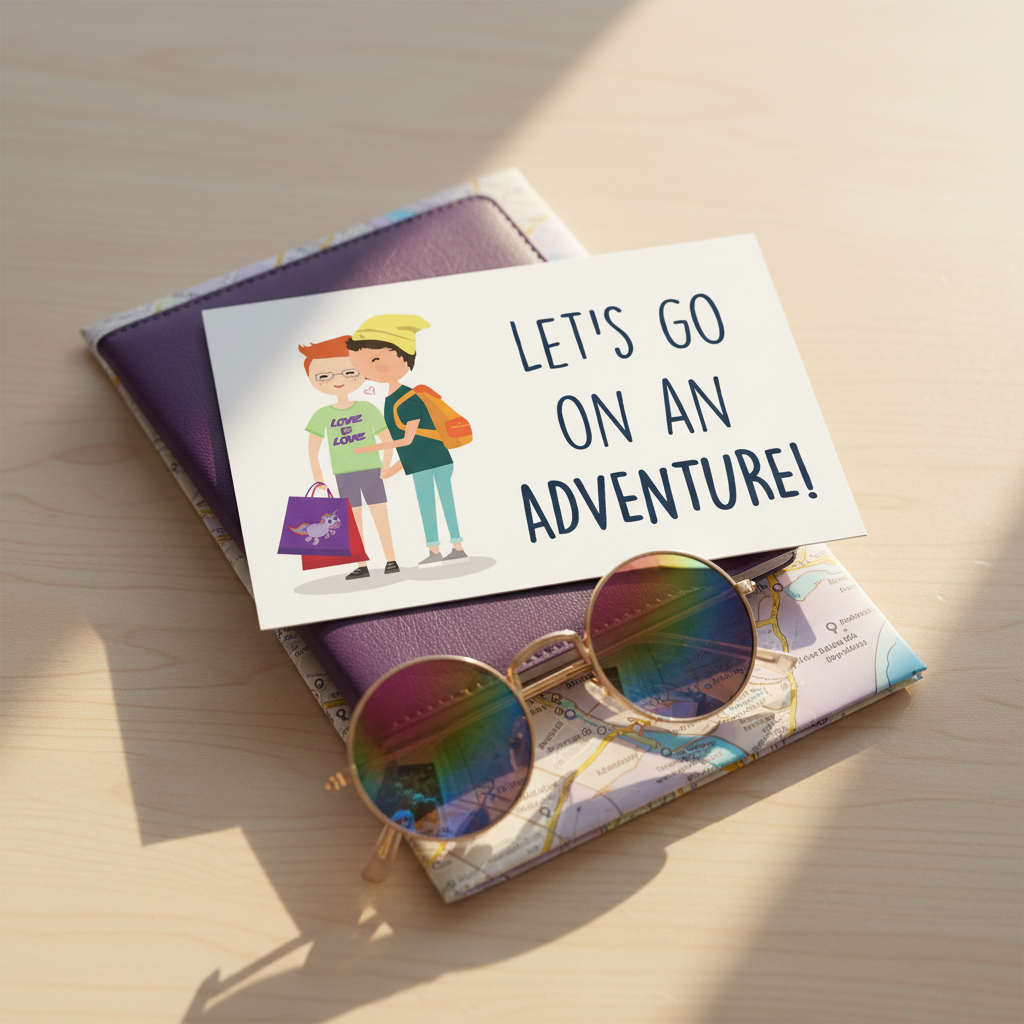 Let's Go On An Adventure postcard with two cartoon kids and “LETS GO ON AN ADVENTURE!”, on a passport, map, rainbow sunnies.