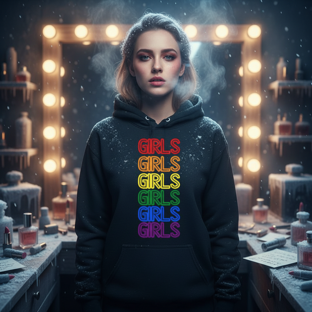 Black hoodie with stacked rainbow “GIRLS” lettering, worn by a model backstage