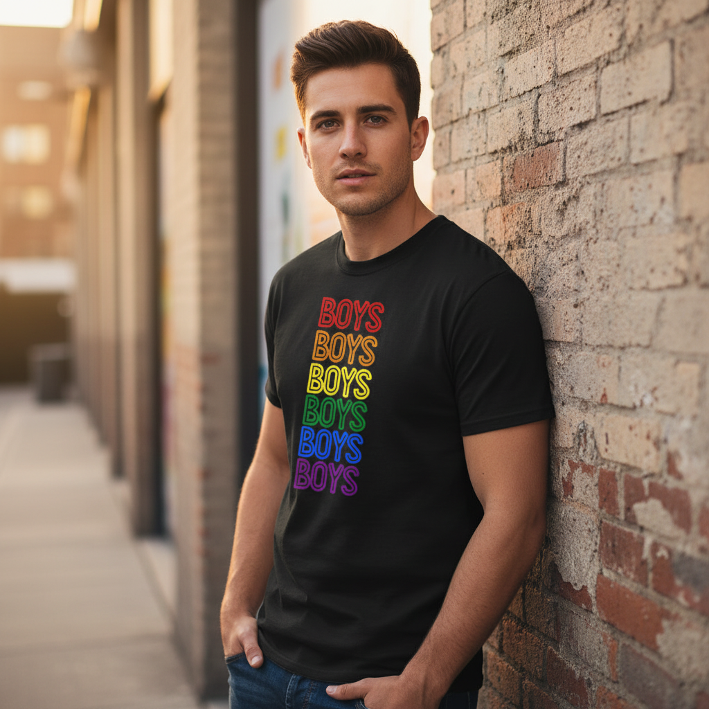 Unisex pride tee with rainbow "BOYS BOYS BOYS" lettering, worn by a young man leaning on a brick wall in soft urban sunlight.