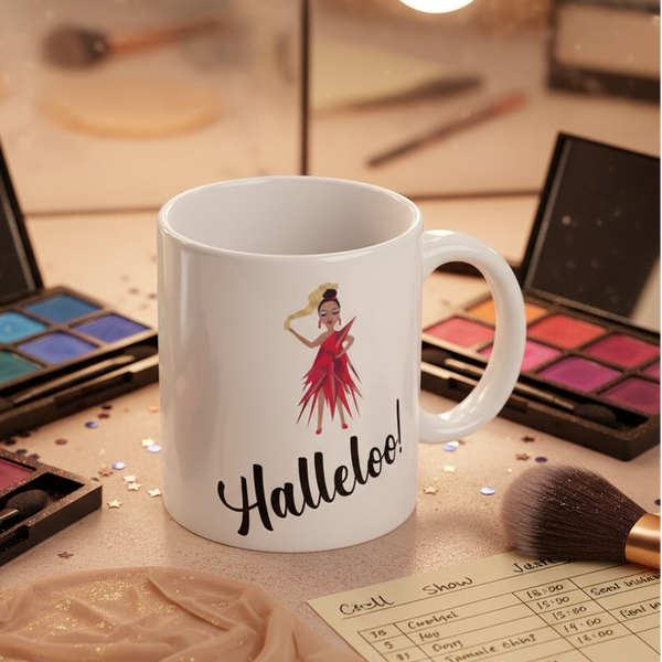 Halleloo! Drag Queen Mug on a festive vanity, featuring a person in a red dress illustration with “Halleloo!” text; surrounded by makeup items and star confetti, embodying joyful queer self-expression.