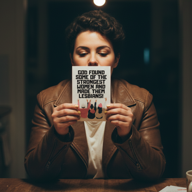 God Found The Strongest Women Postcard held by a person with short dark hair in a brown leather jacket, warmly lit at a table.