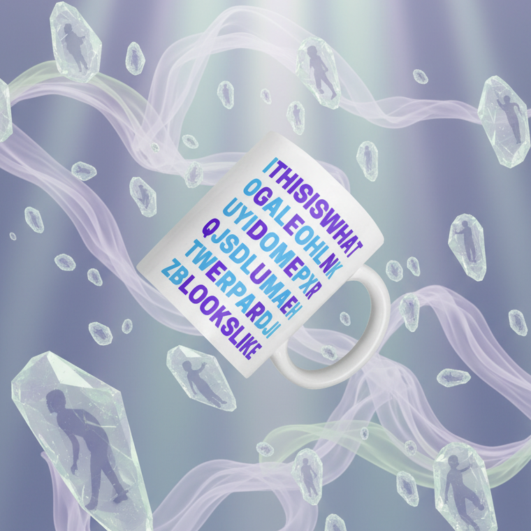 This Is What Genderqueer Looks Like Mug: A white mug adorned with vibrant, bold uppercase letters amidst floating crystal-like shards, each containing a silhouette. Embrace queer pride and expression with this empowering, vibrant design.