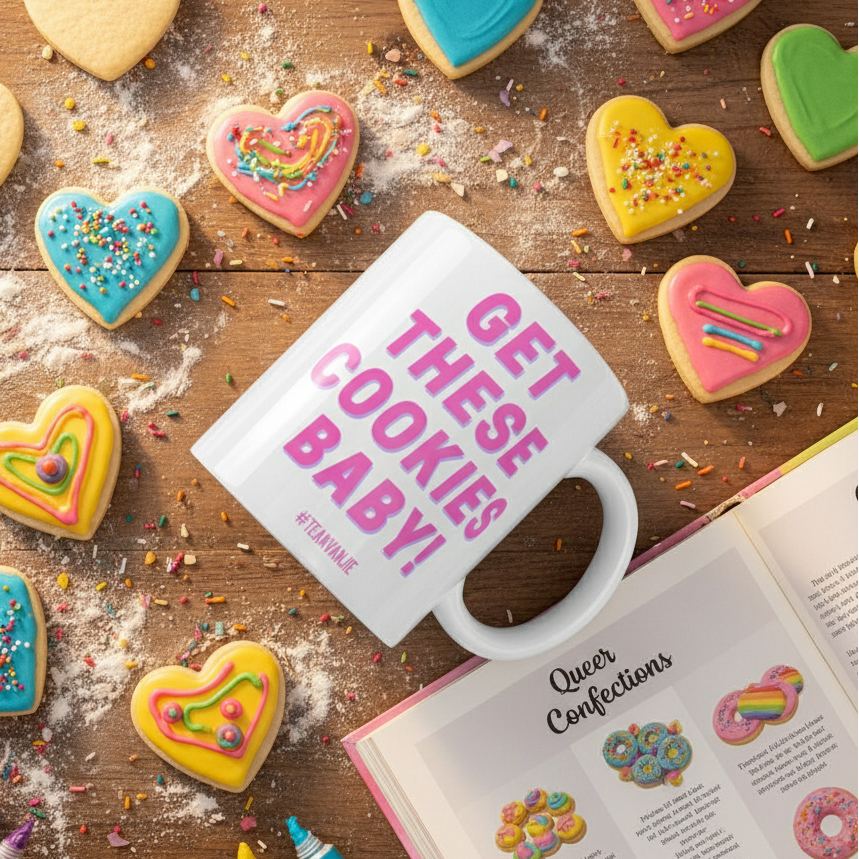 White mug reading “GET THESE COOKIES BABY!” among decorated heart cookies and an open baking book