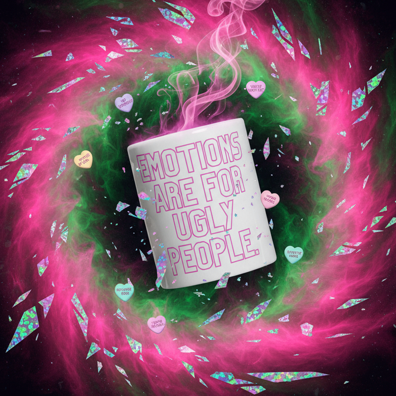 White mug reading “EMOTIONS ARE FOR UGLY PEOPLE” amid pink and green cosmic smoke