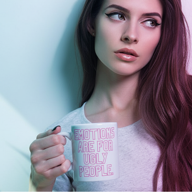 White mug reading “EMOTIONS ARE FOR UGLY PEOPLE,” held by a person