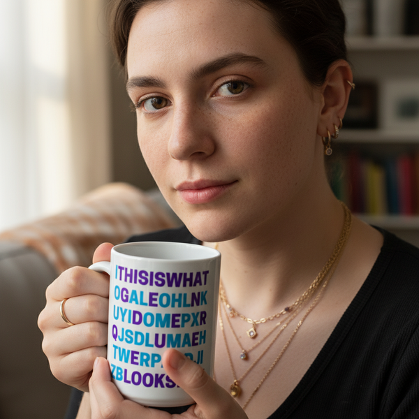 A young person holds the This Is What Genderqueer Looks Like Mug featuring bold, colorful letters. Perfect for embracing LGBTQIA+ pride and visibility with every sip.