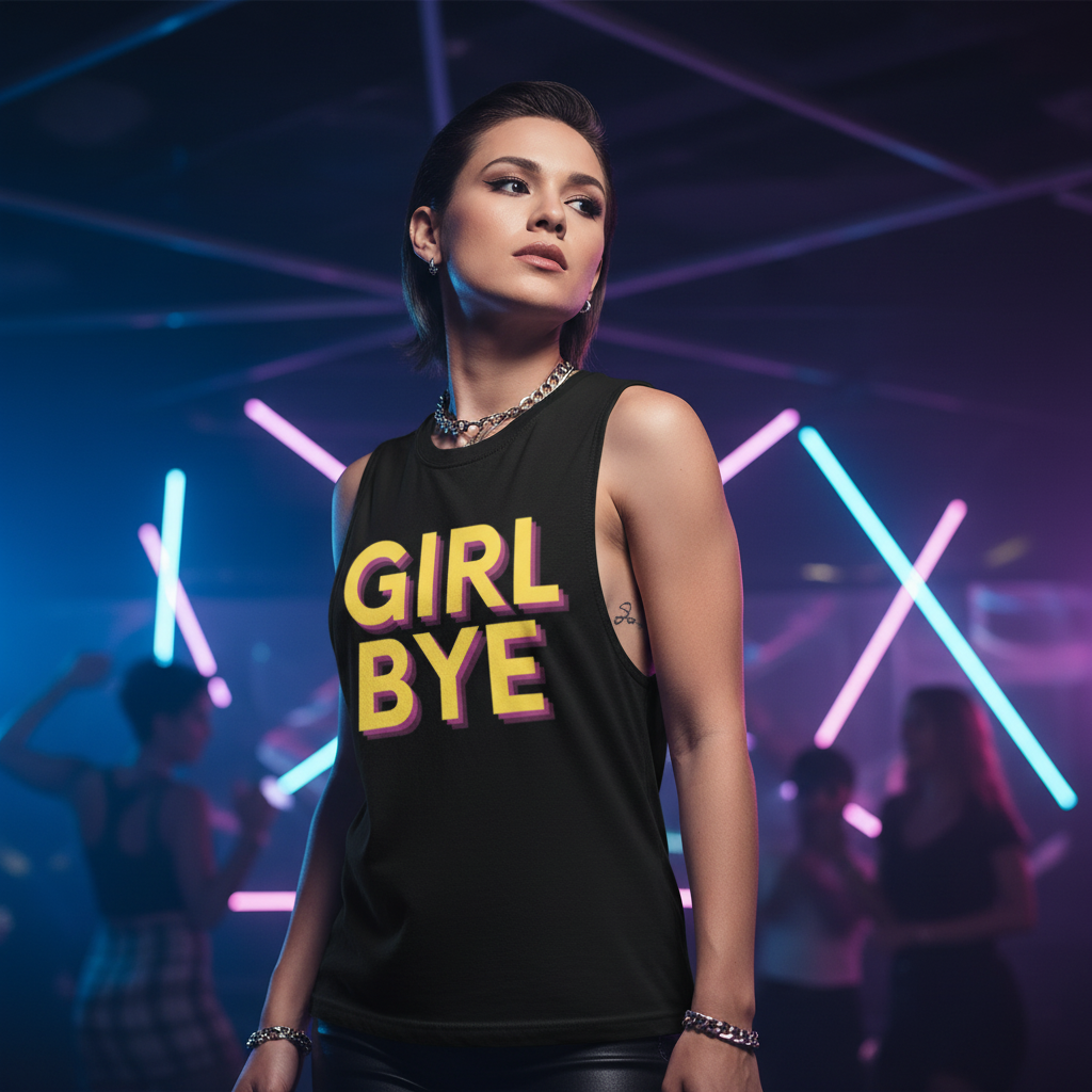 Girl Bye Muscle Top with bold lettering, rocked by a confident woman at a neon club; pink, blue, and purple lights pulse as queers dance.