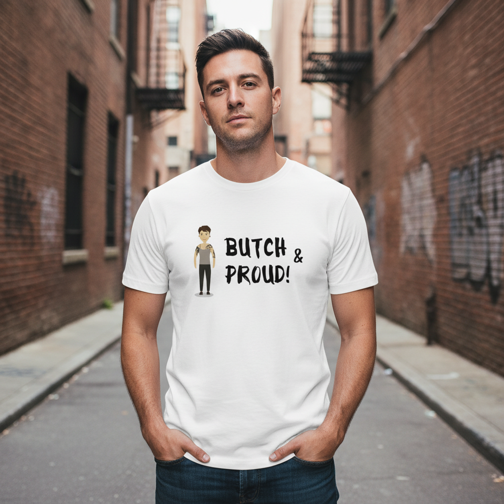 White unisex Butch & Proud T-shirt with cartoon figure and “BUTCH & PROUD!” text, worn in urban alley with black graffiti.