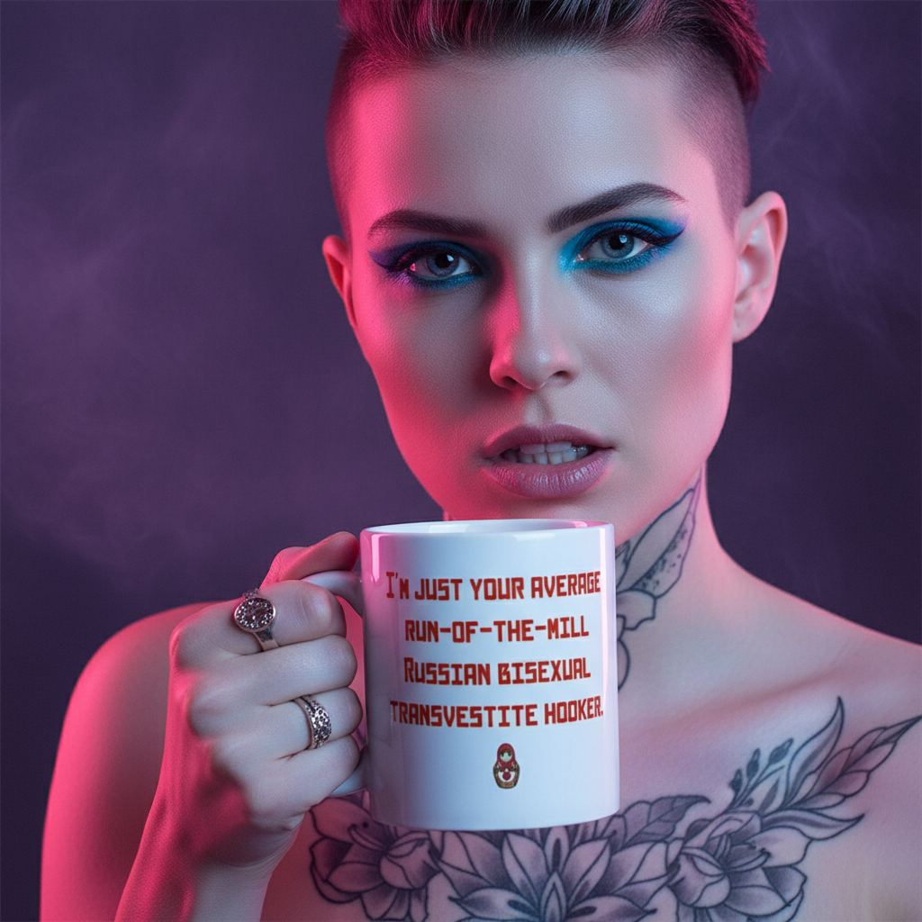 Close-up of the Russian Bisexual Transvestite Hooker Mug, held by a person with vibrant eye makeup and tattoos, showcasing queer pride. The white ceramic mug vividly displays red text and a nesting doll graphic.