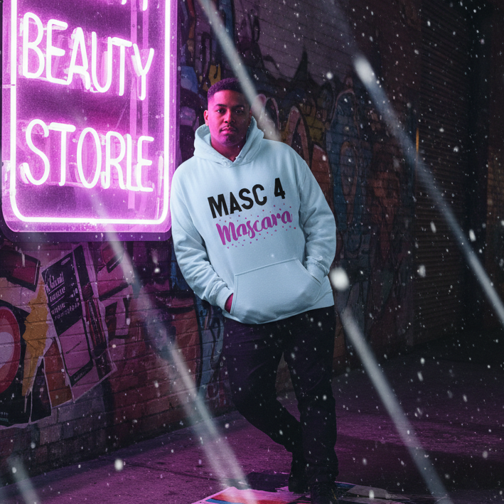 Model wearing a light blue hoodie reading “MASC 4 Mascara” outside a neon beauty store