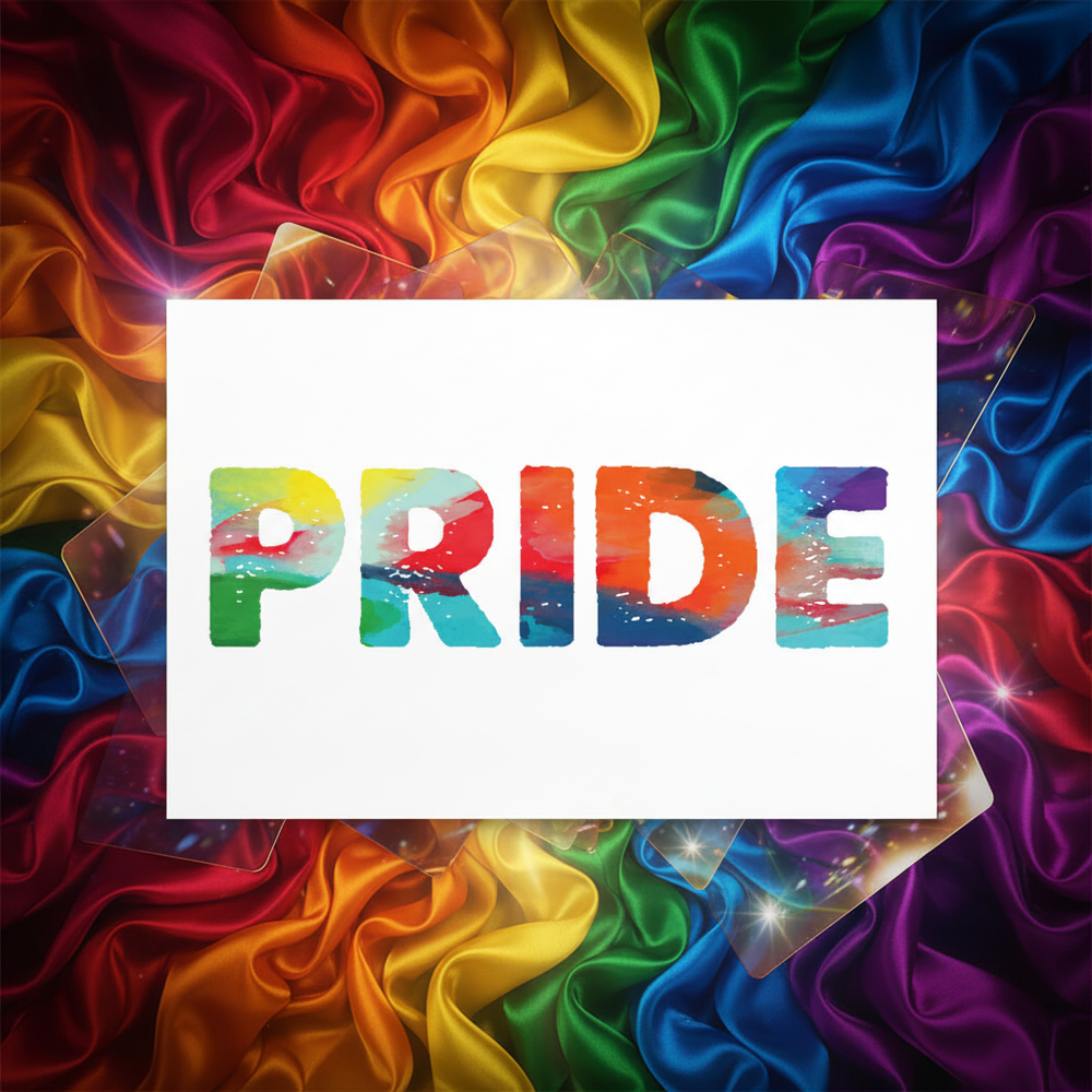 Pride postcard with colorful rainbow lettering on a white card over rainbow satin fabric